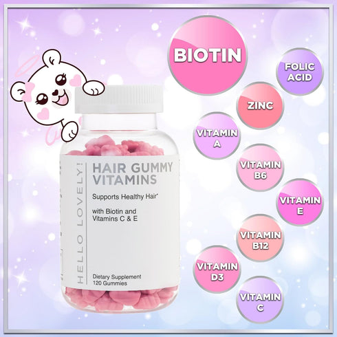 Hello Lovely! Hair Vitamins Gummies, 120 Gummy Bears, Biotin 5000 mcg, Vitamin E & C for Hair Growth