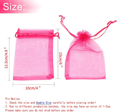 100Pcs Organza Bags, 4x6 Inch Hot Pink Small Jewelry Bag, Drawstring Mesh Gift Bags for Wedding Party Favor