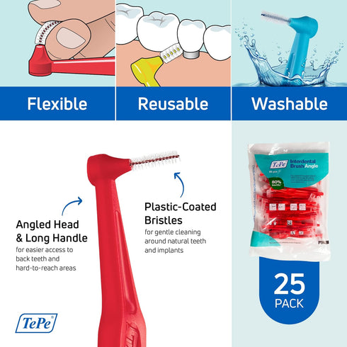 TEPE Interdental Brush Angle, Angled Dental Brush for Teeth Cleaning, Pack of 25, 0.5 mm, Red