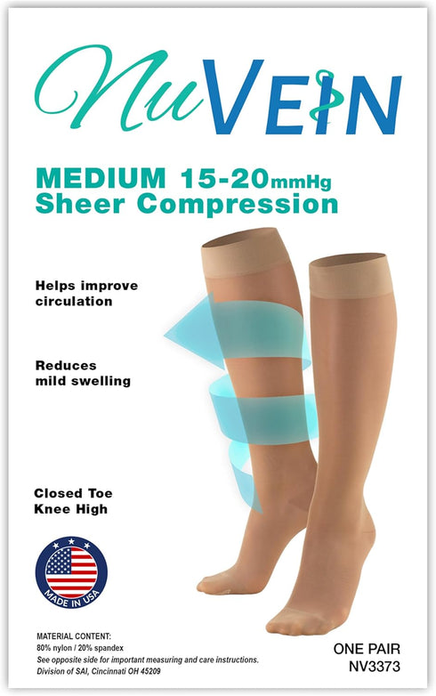 NuVein Sheer Compression Stockings, Women's Medium, 15-20 mmHg Support, Closed Toe, Knee High, Black