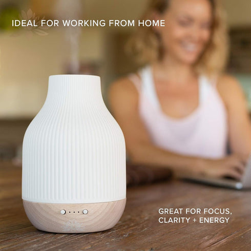 Settings Sacred Lotus Love Ceramic Essential Oil Diffuser Ultrasonic Aroma Diffuser with Wood Base, Ambient LED Light