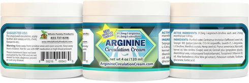 Whole Family Products 4 oz Arginine Circulation Cream - Menthol, L Arginine & L Citrulline Lotion - Supports Healthy
