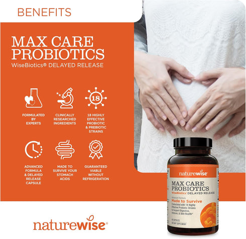NatureWise Max Probiotics for Women & Men, 60 Capsules, 30 Billion CFU, 18 Strains, Gluten Free, Delayed-Release