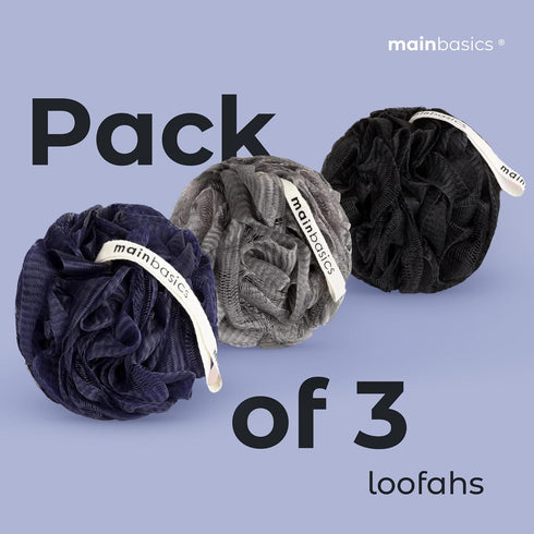 MainBasics Bath Shower Loofah Sponge Pouf, Body Scrubber Exfoliator Body Wash Sponge (Set of 3, Black Ice)