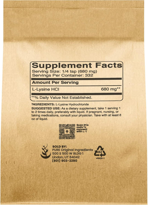 Pure Original Ingredients L-Lysine HCl (8 oz) Alpha Amino Acid, Non-GMO, Gluten-Free