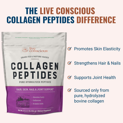 Live Conscious Collagen Peptides Powder - Hydrolyzed Collagen for Hair, Skin, Nail & Joint Support - 16oz