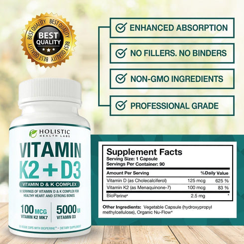 Max Absorption Vitamin K2 + D3 (5000IU) 90 Veggie Capsules from MK-7 and Cholecalciferol for Healthy Heart and Strong