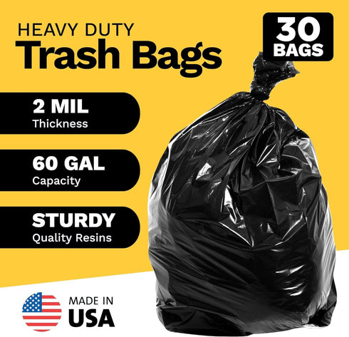 Drum Liners 55 Gallon Trash Bags, 30 COUNT, 2 Mil Heavy Duty, 55-60 Gallon Drum Liners, Made In USA