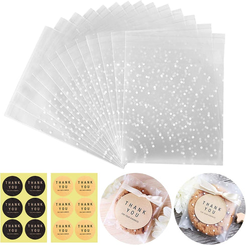 Self Adhesive Cookie Cellophane Treat Bags 5.5x5.5 Inches, 100 Pcs Resealable Plastic Packaging with Thank You Labels