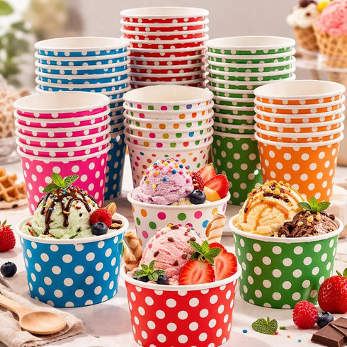 Worlds 8oz 50 pack Paper Ice Cream Cups Polka Dot Paper Yogurt Cups Mix