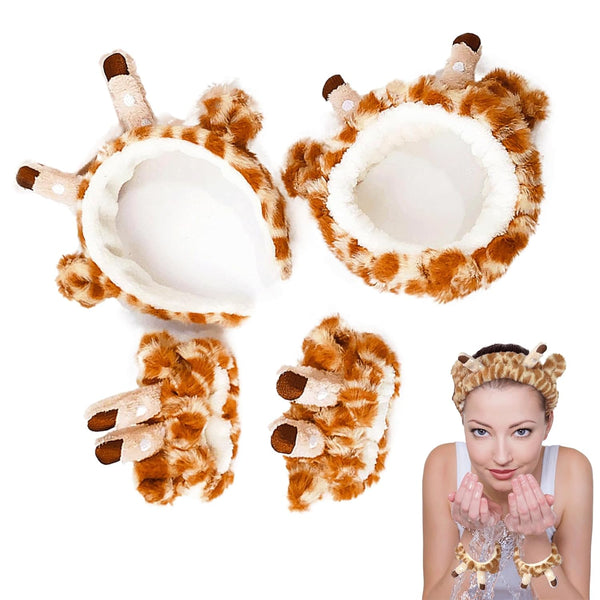 4Pcs Makeup Headband with Absorbent Wristband - Cute Giraffe Skincare Hair Bands for Face Wash