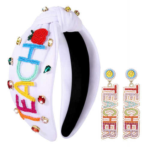 Teacher Headbands for Women, Beaded Pencil Knotted Headband, Crystal Rhinestone Hair Accessories
