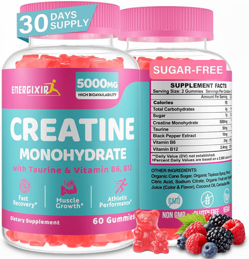 Creatine Monohydrate Gummies - 5000mg Creatine for Women, Pre Workout Chewables with Taurine & B6 - 60 Count