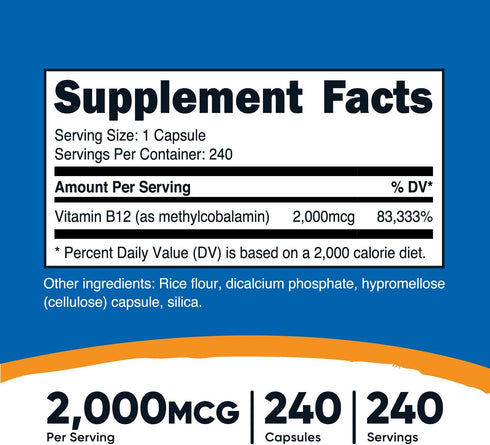 Nutricost Vitamin B12 (Methylcobalamin) 2000mcg, 240 Capsules - Vegetarian Caps, Non-GMO, Gluten Free B12 Supplement