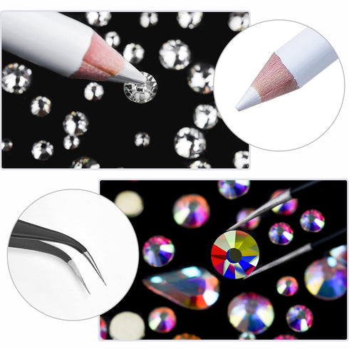 HUETFAT Nail Art Rhinestones Kit 2400pcs Flatback Gems Stones with Storage Organizer Box, Wax Pencil, Tweezers, 6 Sizes