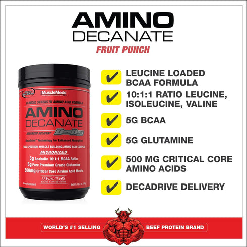 MuscleMeds Amino DECANATE, Intra, Post Workout Drink, Full Spectrum Amino Acid Complex, Fruit Punch, 30 Servings
