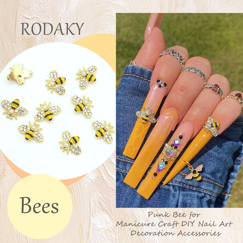 RODAKY 10Pcs Gold Bee Nail Art Charms, 3D Gold Alloy Jewelry Charm for DIY Nail Design Supplies for Women