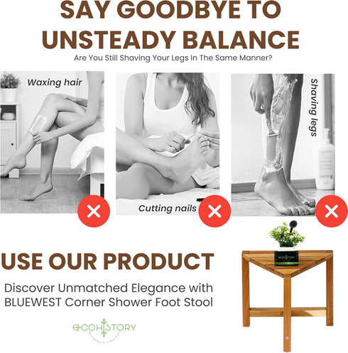 ecohistory naturally timeless 12in, Shower Foot Rest Acacia Wood Shower Stool for Shaving Legs, Waterproof Corner