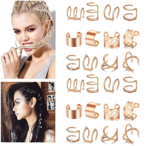 Rose Gold Hair Braids Dreadlock, 24 Pcs Non-Piercing Ear Clip Beard Beads for Women Men