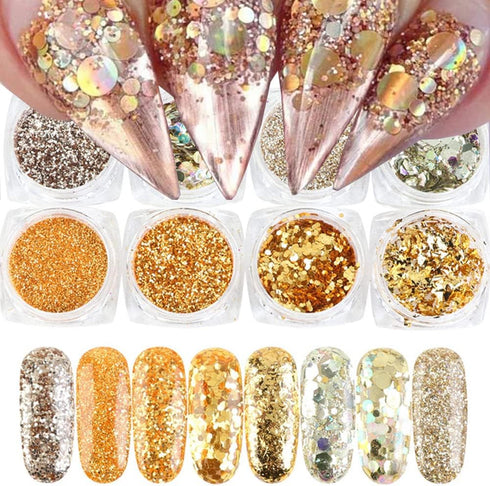 Holographic Glitter Sequins 3D Acrylic Nails Powder - Laser Dust Gold Silver Nail Art Supplies - 8 Boxes