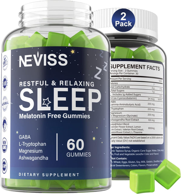 NEVISS Melatonin Free Sleep Aid Gummies - GABA, L-Tryptophan, Magnesium, Vegan, 2 Pack