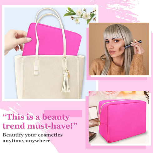 Nylon Large Makeup Bag, Preppy Cute Cosmetic Pouch, Waterproof Toiletry Bag Clutch for Women and Girls (Hot Pink)