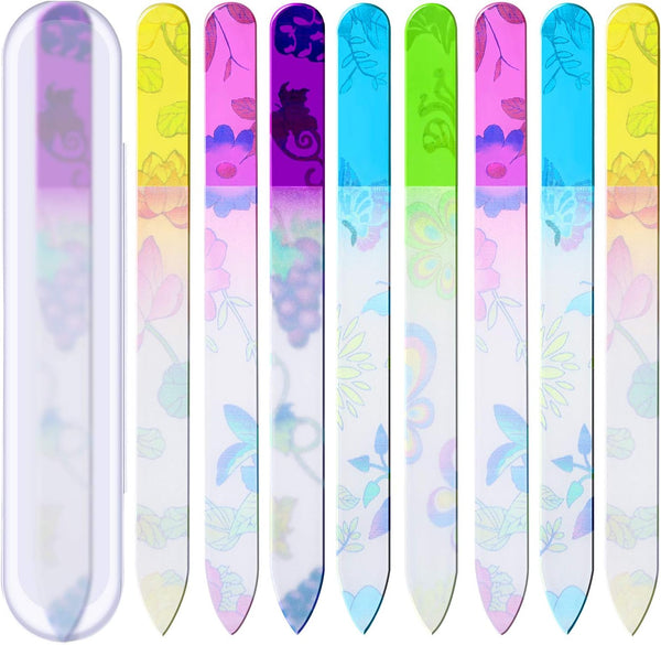 Mudder 8 Pack Glass Nail Files with Colorful Pattern Printed Cases, Crystal Fingernail Buffers for Professional