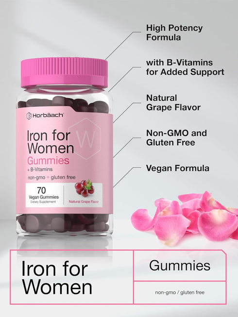 Horbaeach Iron Gummies for Women | Supplement with B Vitamins, Grape Flavor, Vegan, Non-GMO & Gluten Free (70 Count)