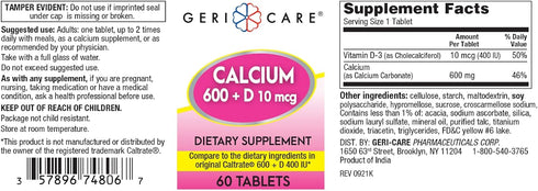 GeriCare Calcium 600mg - Vitamin D 10mcg Tablets - Bone Health - Nutritional Supplement, 60 Count (Pack of 1)