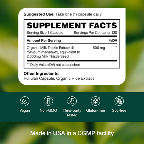 Fresh Nutrition Organic Milk Thistle Supplement, 2000mg Potent Strength, 120 Capsules Made in The USA