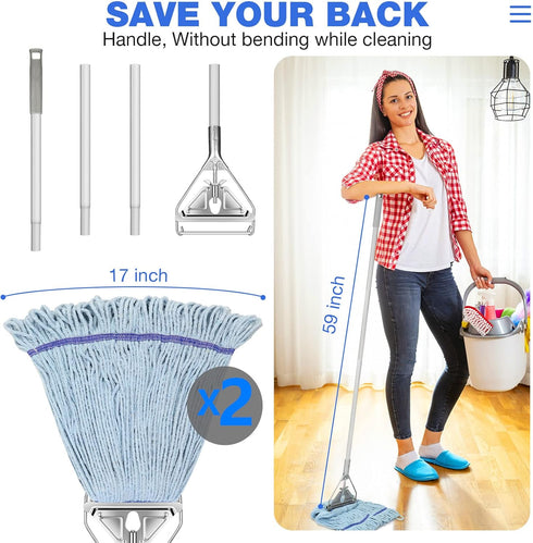 Heavy Duty String Mop for Floor Cleaning, 59inch Handle, Extra Replacement Mop Head, Wet Mop for Home, Garage, Office