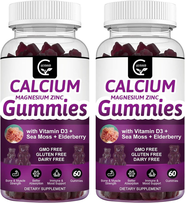 Calcium Magnesium Zinc Gummies with High Absorption Magnesium Glycinate, D3 Sea Moss for Bone & Immune Support - 2 Pack
