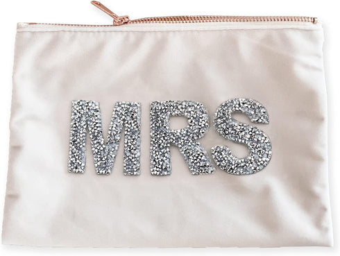 Mrs Makeup Velvet Bag, Bride Cosmetic Pouch with Sparkle Letter, Bridal Shower Gift Idea