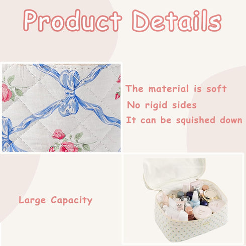 Large Quilted Makeup Bag for Women and Girls, Cute Floral Cotton Cosmetic Bag, Aesthetic Toiletry Bag (01Pink Bows)