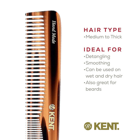 Kent 6T 6.9 Inch Double Tooth Hair Dressing Comb for Hair, Beard, and Mustache, Coarse and Fine Hair Styling, Made in