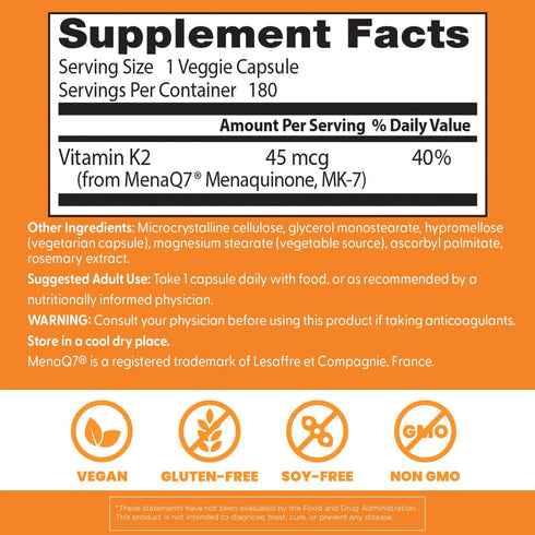 K2 MK7 45 K-2 MK-7 MenaQ7, 180 Doctor's Best Natural Vitamin Supplement for Men & Women - Bone Health Support, mcg