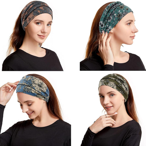 Wide Boho Headbands for Women - Fashion Knotted Headband Yoga Workout Hair Accessories 4 Pack