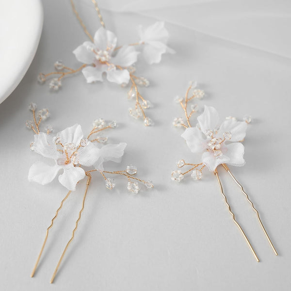 SWEETV 3Pcs Bridal Hair Pins, White Flower Hair Pieces Wedding Side Combs Accessories for Bridesmaids