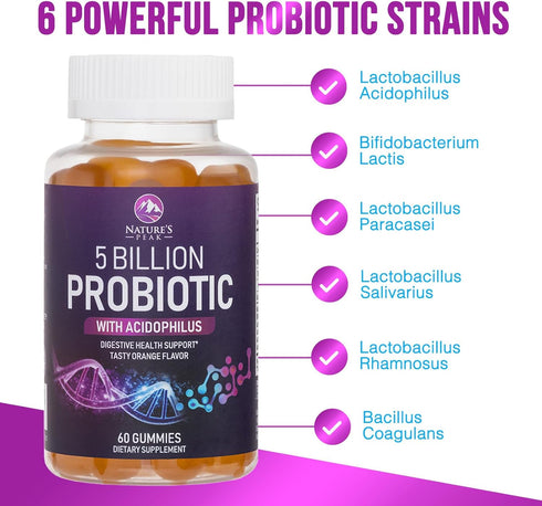 Nature’s Acidophilus Probiotics for Women & Men Gummies, 5 Billion CFU, 6 Strains, Orange Flavor - 60 Gummies