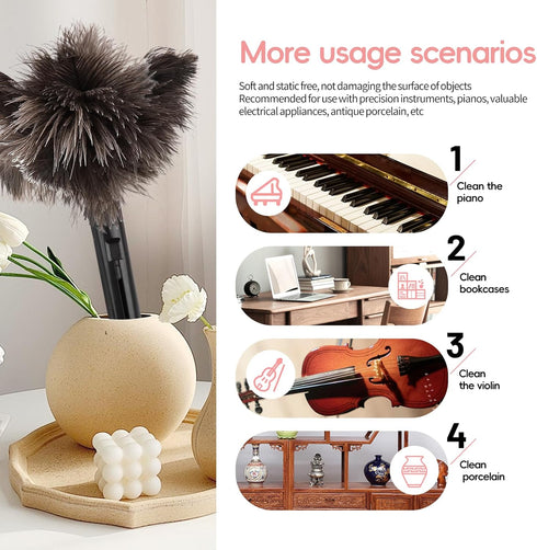 Retractable Feather Duster, Genuine Ostrich Feathers, Anti-Static, Eco-Friendly Handheld Cleaning Tool (10 to 15