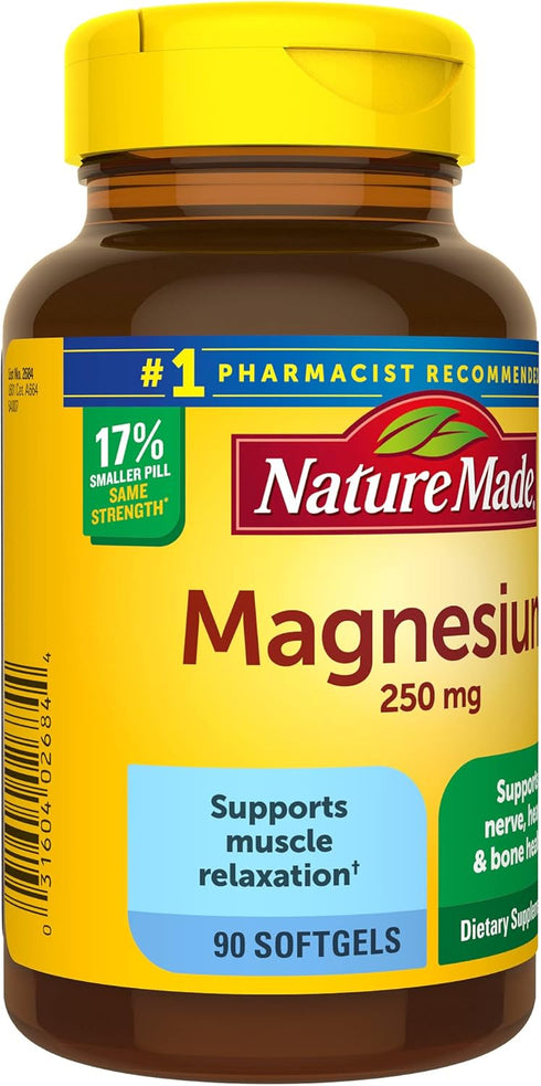 Nature Made Magnesium 250 mg Supplement for Muscle, Heart, Bone & Nerve Support | 90 Softgels, 90 Day Supply