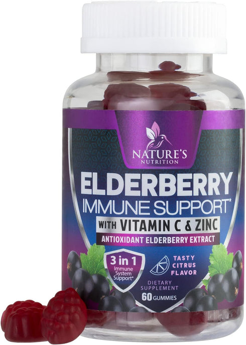 Immune Support Gummies with Elderberry Extract, Zinc & Vitamin C, 60 Gummies, Natural Vegan