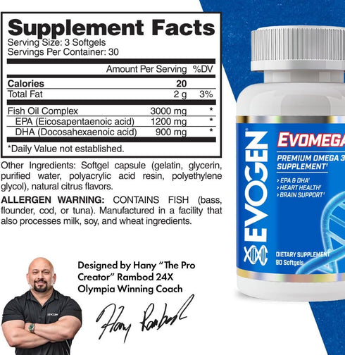Evogen Omega Premium Fish Oil, 1200 EPA, 900 DHA, Burp Free Lemon Flavor for Brain & Cardiovascular Health