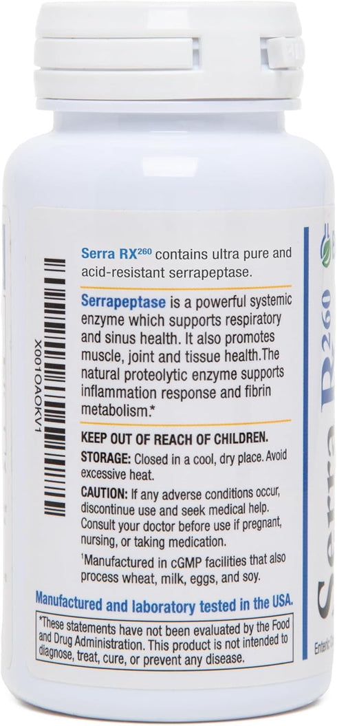 Serra-RX 260,000 SU Serrapeptase - Acid-Resistant Proteolytic Systemic Enzyme, Vegan, 60 Veg Capsules