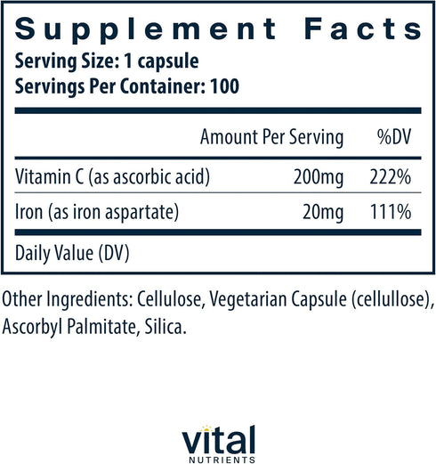 Vital Nutrients Iron Plus C | Vegan Iron Supplement | 20mg Iron with 200mg Vitamin C to Increase Iron and Energy Levels | Gluten, Dairy, Soy Free | Non-GMO | 100 Capsules