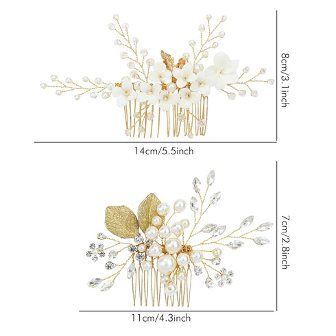 inSowni 36 Pack Gold Flower Leaf Bridal Wedding Hair Side Combs, U-shaped Pearl Hair Pins, Rhinestone Hair Clips