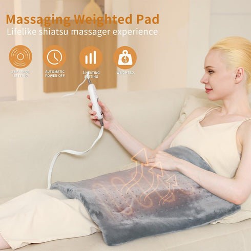 Heating Pad for Back Pain Relief, Portable Massaging Weighted Pad with 3 Heat Settings & 6 Massage Combinations, Light