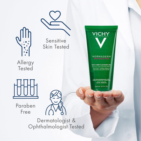 VICHY Normaderm Daily Acne Face Wash, Salicylic Acid Cleanser for Oily & Acne Prone Skin, Clears Clogged Pores