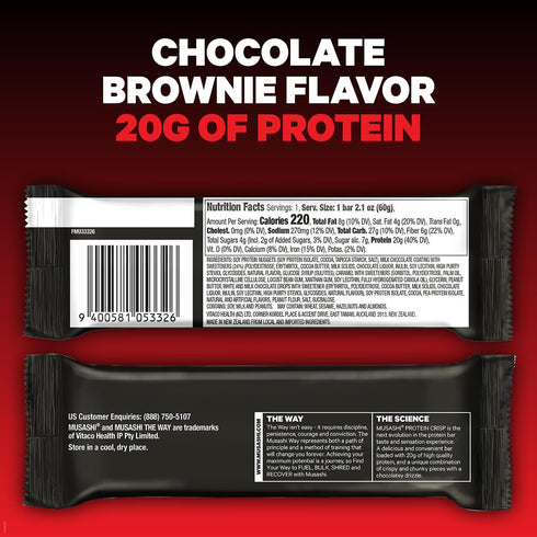 MUSASHI Protein Crisp Bar, 20g Protein, Chocolate Brownie, Post Workout Snack, 12 Pack of 2.1oz Bars