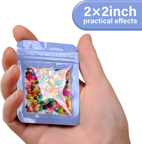 100-pack 2×2 inch Mylar Bags with Clear Window, Holographic Resealable Zip Bags for Jewelry & Food (Purple)